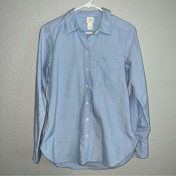 H&M Womens Collar Long Sleeve Regular Fit  Round Hem Button Up Shirt Blue Size 2 - Picture 1 of 12